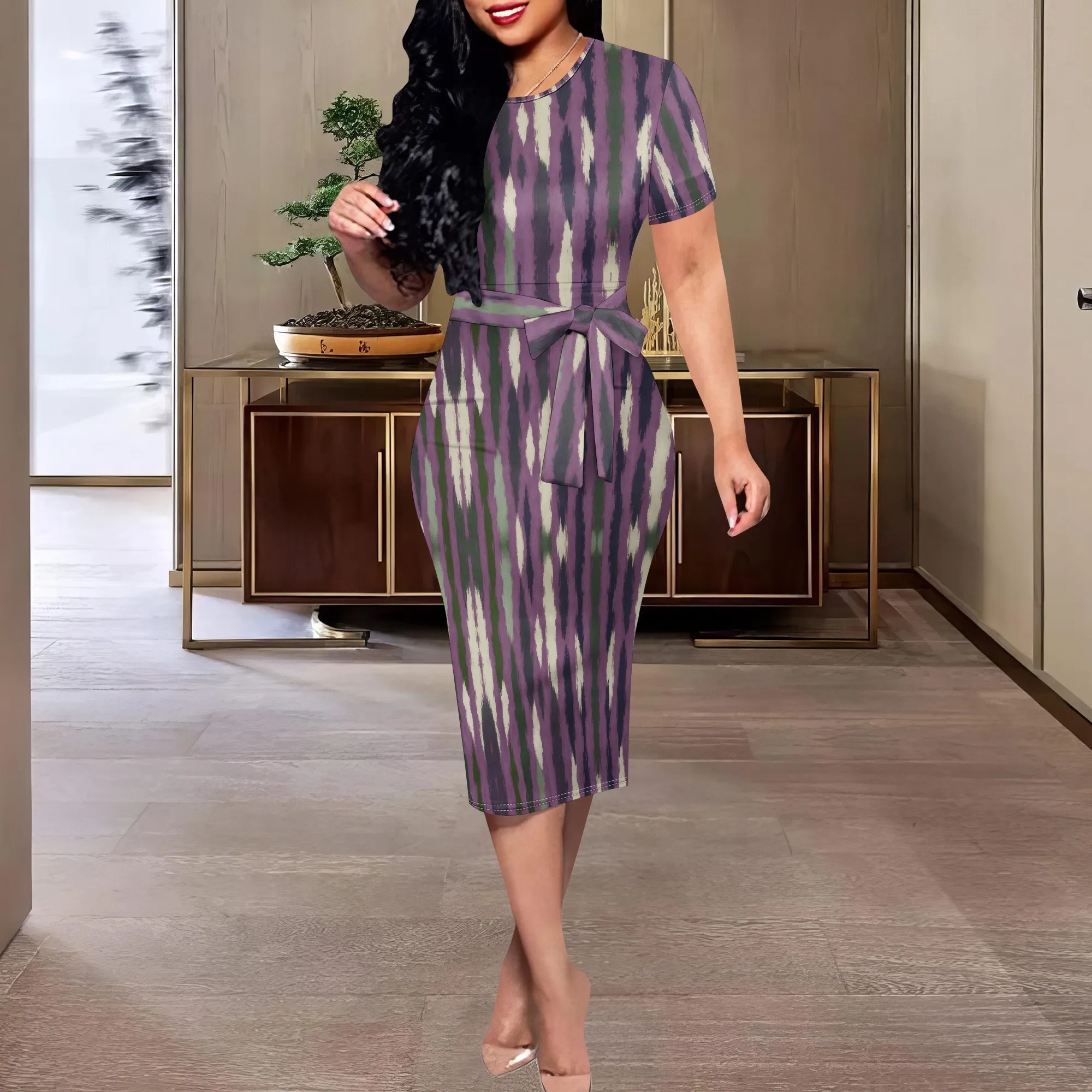 Purple Ikat Stripe Midi Dress XS-3XL Short Sleeve Belted Style for Fall Streetwear, Cultural Market or Art Brunch Look
Purple Ikat Stripe Midi Dress XS-3XL Short Sleeve Belted Style for Fall Streetwear, Cultural Market or Art Brunch Look