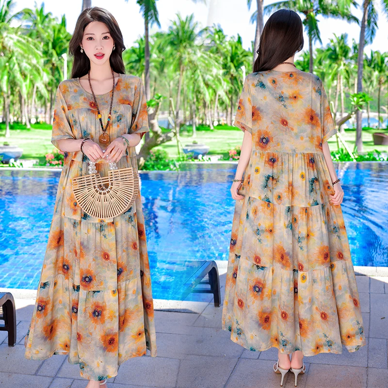 Summer New plus Size Cotton Silk Dress Women Long Wide Hemline Fairy Tale Flower Print Slimming Mommy Dress Elegant A-Line Skirt
Summer New plus Size Cotton Silk Dress Women Long Wide Hemline Fairy Tale Flower Print Slimming Mommy Dress Elegant A-Line Skirt