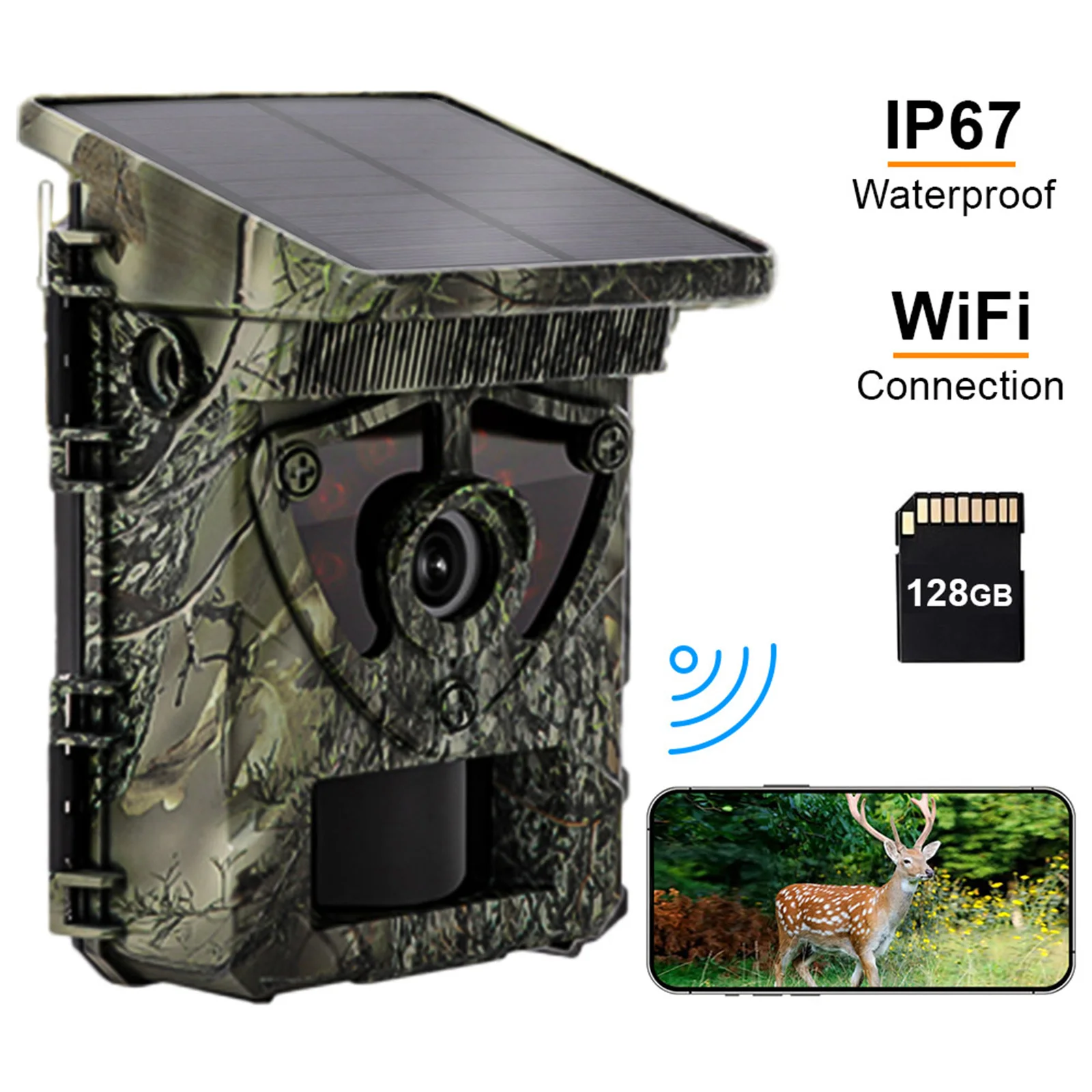 Solar Trail Camera, 0.2s Trigger to Capture, 60MP/4K Clear Night Vision, Map Tag, WiFi Connection, IP67 Waterproof,128GB SD Card
Solar Trail Camera, 0.2s Trigger to Capture, 60MP/4K Clear Night Vision, Map Tag, WiFi Connection, IP67 Waterproof,128GB SD Card