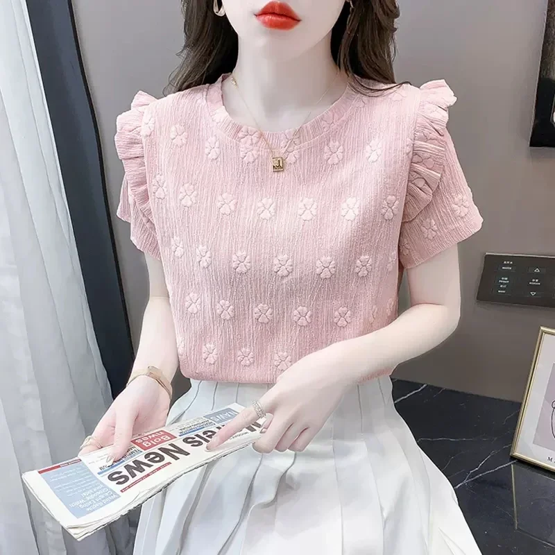 Womens Summer Chiffon Ruffle Short Sleeve Top Floral Jacquard Crew Neck Casual Blouse
Womens Summer Chiffon Ruffle Short Sleeve Top Floral Jacquard Crew Neck Casual Blouse