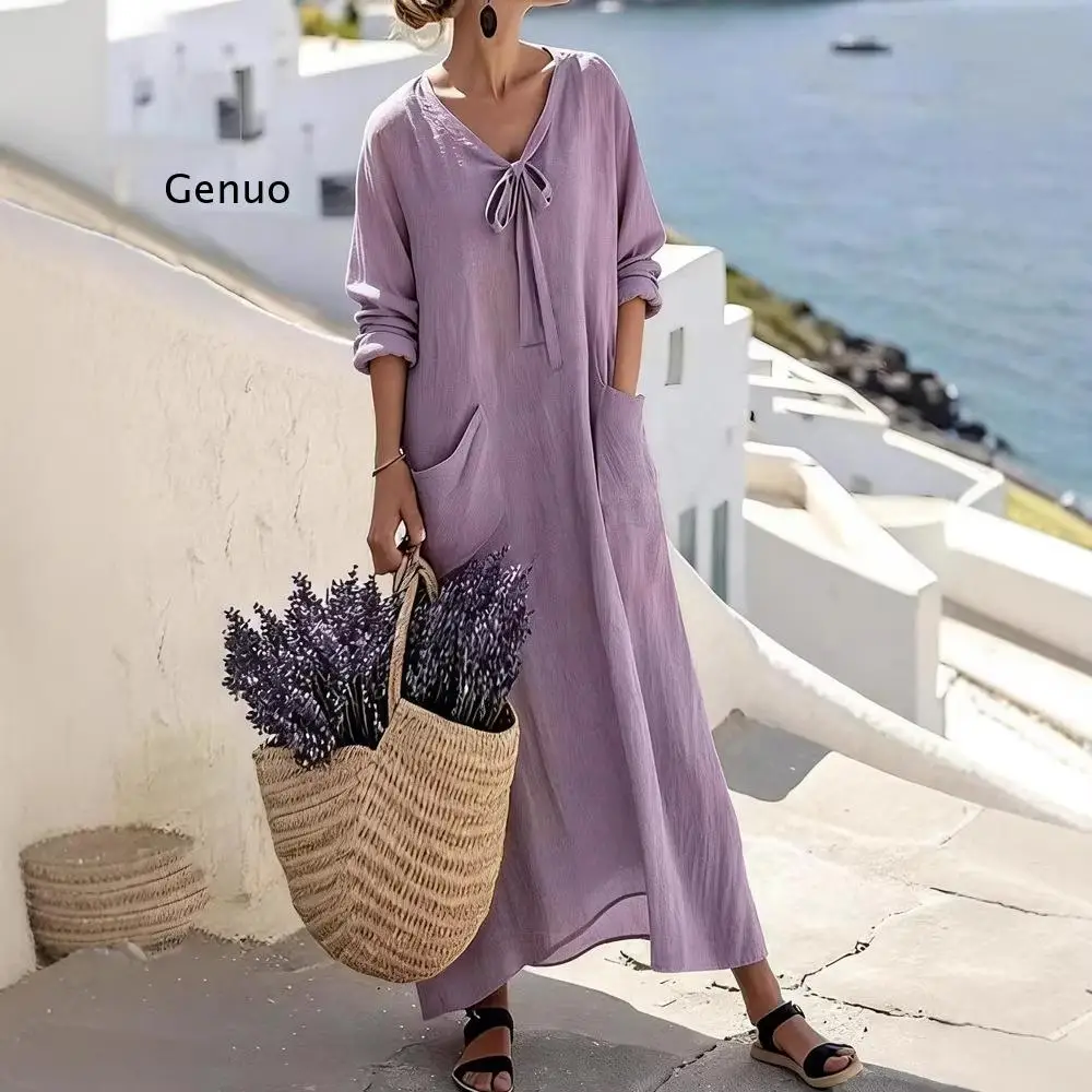 2026 Women Linen Cotton Blend Maxi Dress V Neck Drawstring Long Sleeve Loose Casual Dress with Pockets
2026 Women Linen Cotton Blend Maxi Dress V Neck Drawstring Long Sleeve Loose Casual Dress with Pockets