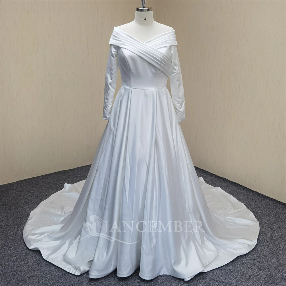 Customized Elegant Long Sleeves Satin Scoop A-line Wedding Dresses Luxury 2025 Backless Sweep Train Tulle Bridal Gowns
Customized Elegant Long Sleeves Satin Scoop A-line Wedding Dresses Luxury 2025 Backless Sweep Train Tulle Bridal Gowns