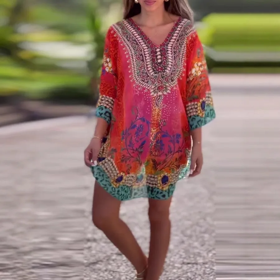 【New style】New spring style fashion V-neck ethnic print loose dress
【New style】New spring style fashion V-neck ethnic print loose dress