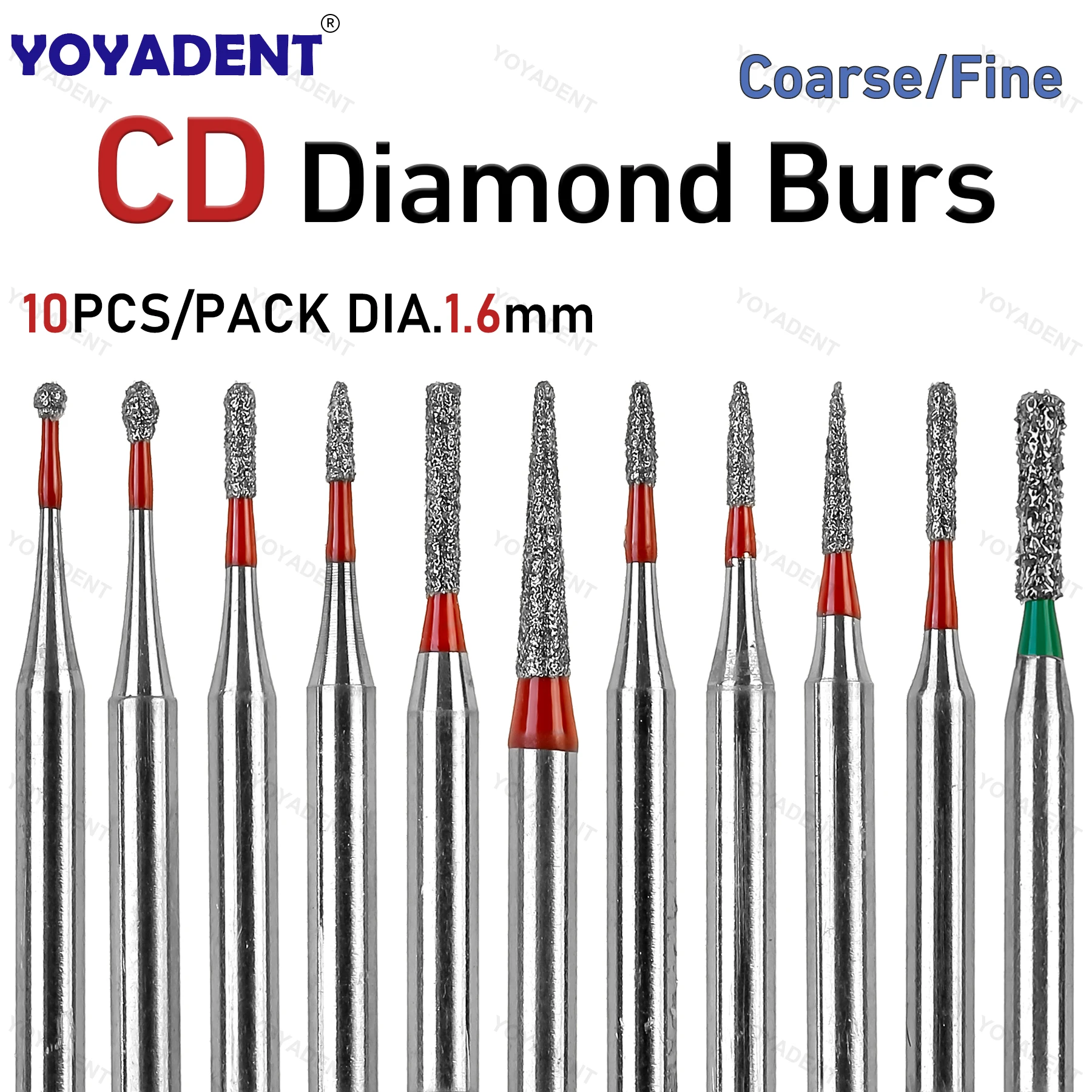 10Pcs/Pack Dental Diamond Burs Fine/Coarse CD Type For High Speed Handpieces Tooth Trimming Polishing Tools Dia.1.6mm
10Pcs/Pack Dental Diamond Burs Fine/Coarse CD Type For High Speed Handpieces Tooth Trimming Polishing Tools Dia.1.6mm