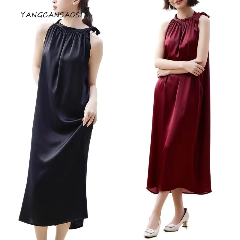 Women's Casual Summer New Sexy Loose Hanging Neck 95% Natural Mulberry Silk Elastic Satin Sleeveless Vest Solid Color Dress
Women's Casual Summer New Sexy Loose Hanging Neck 95% Natural Mulberry Silk Elastic Satin Sleeveless Vest Solid Color Dress