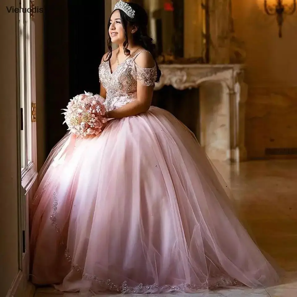 Sweet Pink Quinceanera Dress Princess Ball Gown V-Neck Off Shoulder Appliques Sequins Beads Party Sweet 16 Vestidos De 15 Años
Sweet Pink Quinceanera Dress Princess Ball Gown V-Neck Off Shoulder Appliques Sequins Beads Party Sweet 16 Vestidos De 15 Años