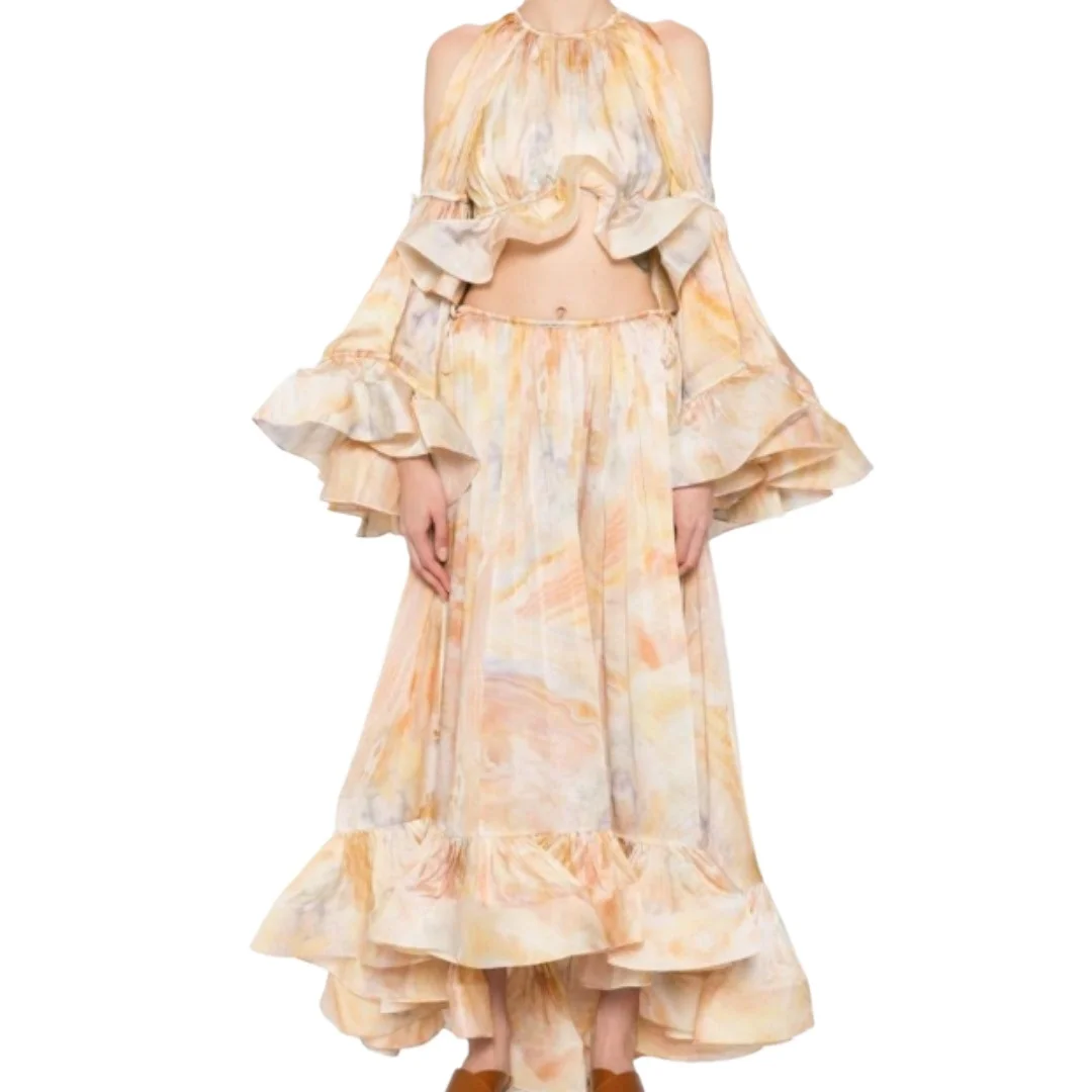 2025 New High Quality Silk Yellow Long Sleeve Floral Print Irregular Ruffles Frilled Blouse Tops And Skirt Set for Holiday
2025 New High Quality Silk Yellow Long Sleeve Floral Print Irregular Ruffles Frilled Blouse Tops And Skirt Set for Holiday