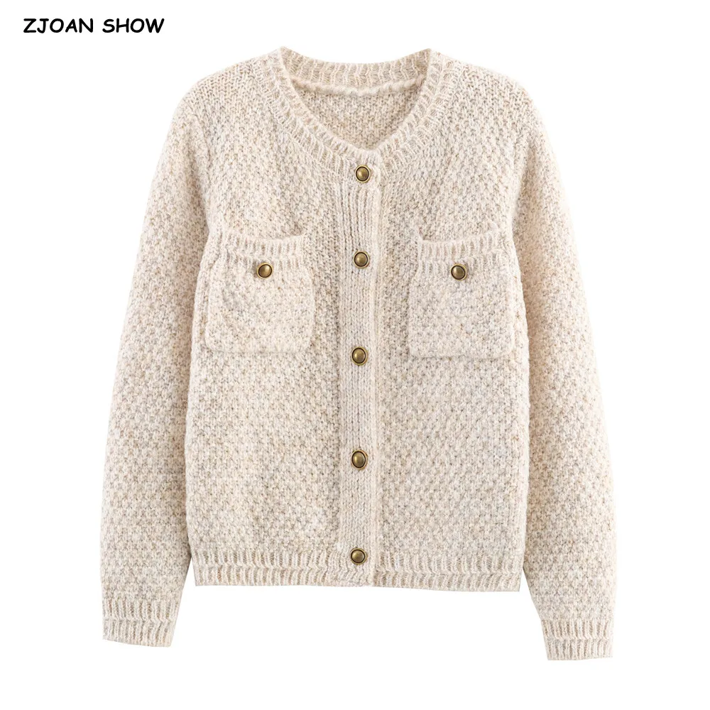 Осень-зима, бежевый вязаный кардиган с передними карманами и круглым вырезом, женский однобортный свободный свитер с длинными рукавами и пуговицами, джемпер, трикотаж 
Осень-зима, бежевый вязаный кардиган с передними карманами и круглым вырезом, женский однобортный свободный свитер с длинными рукавами и пуговицами, джемпер, трикотаж