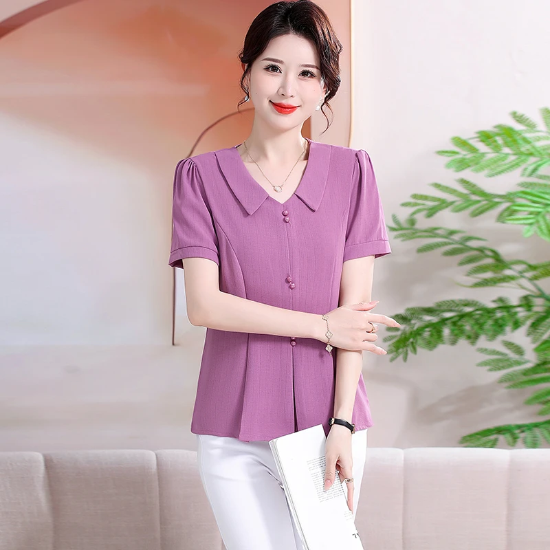 New Tops Women summer Basic Wear Elegant Button Short sleeved Shirt Casual Retro Vintage Purple Blouses
New Tops Women summer Basic Wear Elegant Button Short sleeved Shirt Casual Retro Vintage Purple Blouses