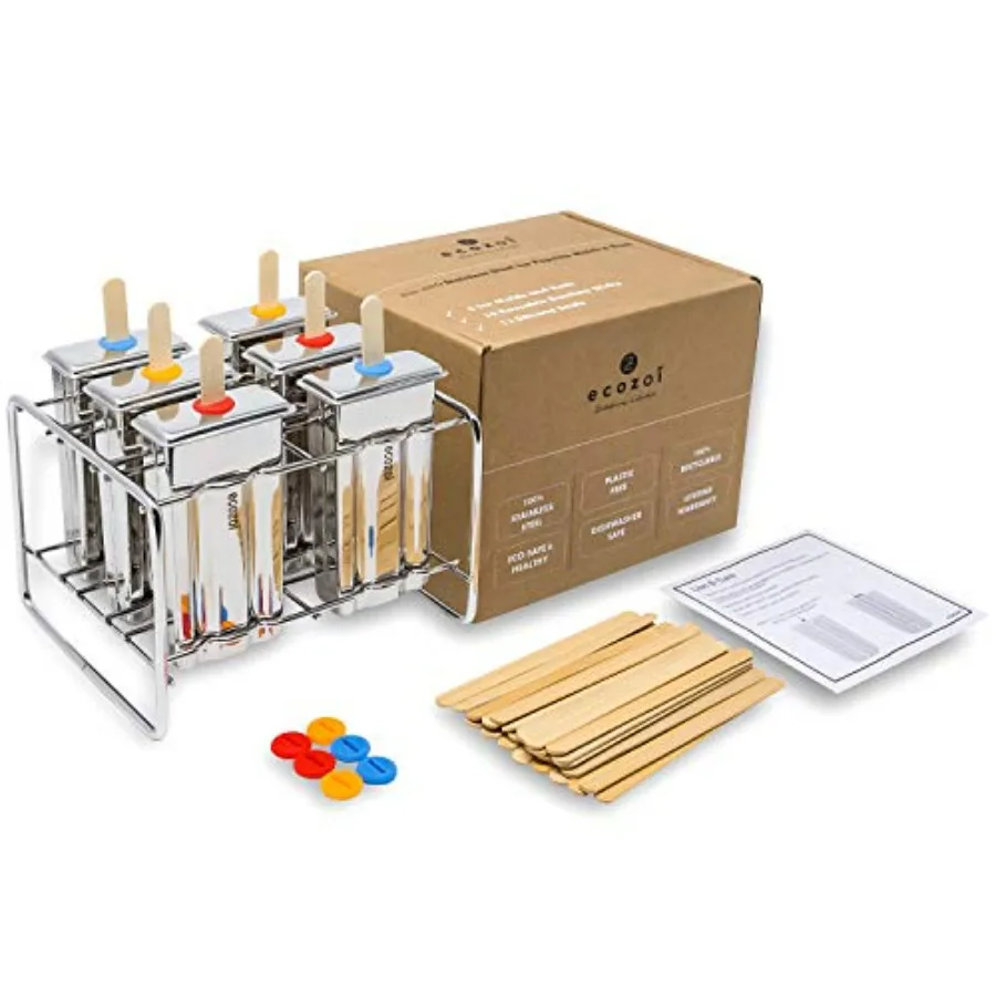 Stainless Steel Popsicle Molds and Rack - 6 Square Ice Pop Makers + 30 Reusable Bamboo Sticks + 12 Silicone Seals + 1 Cleaning
Stainless Steel Popsicle Molds and Rack - 6 Square Ice Pop Makers + 30 Reusable Bamboo Sticks + 12 Silicone Seals + 1 Cleaning