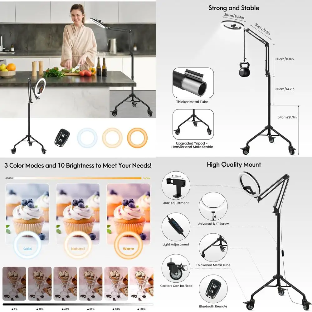 iPhone Tripod with Built-in Ring Light, Rolling Overhead Mount, LED Light Stand with Phone Clamp for Video and Live Streaming
iPhone Tripod with Built-in Ring Light, Rolling Overhead Mount, LED Light Stand with Phone Clamp for Video and Live Streaming