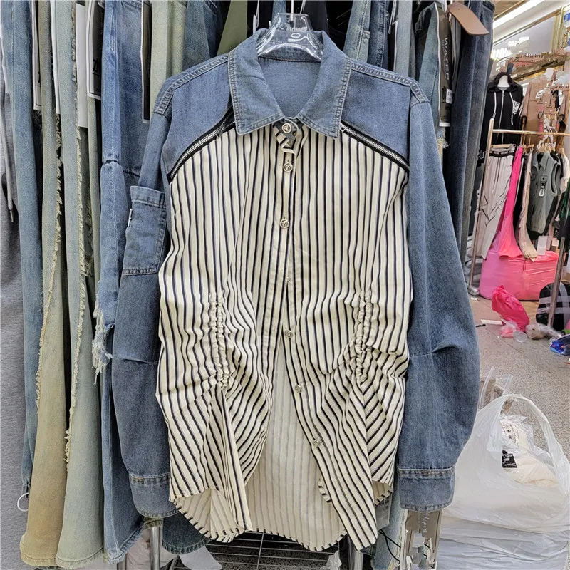 Fashion long sleeved top Blouse fake two-piece denim patchwork striped off shoulder shirt for women autumn Y4305
Fashion long sleeved top Blouse fake two-piece denim patchwork striped off shoulder shirt for women autumn Y4305
