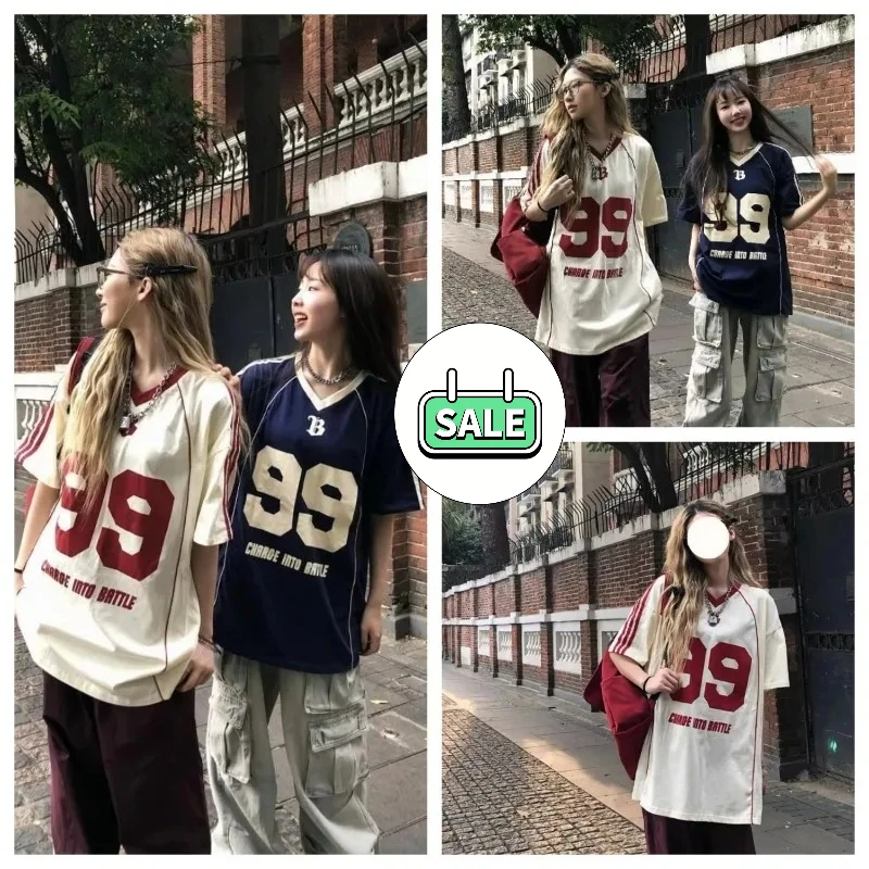 2025 Retro Loose Sporty V-neck Striped Letter Print Oversized T-shirt Streetwear Hip-hop Loose Casual Y2k Top
2025 Retro Loose Sporty V-neck Striped Letter Print Oversized T-shirt Streetwear Hip-hop Loose Casual Y2k Top