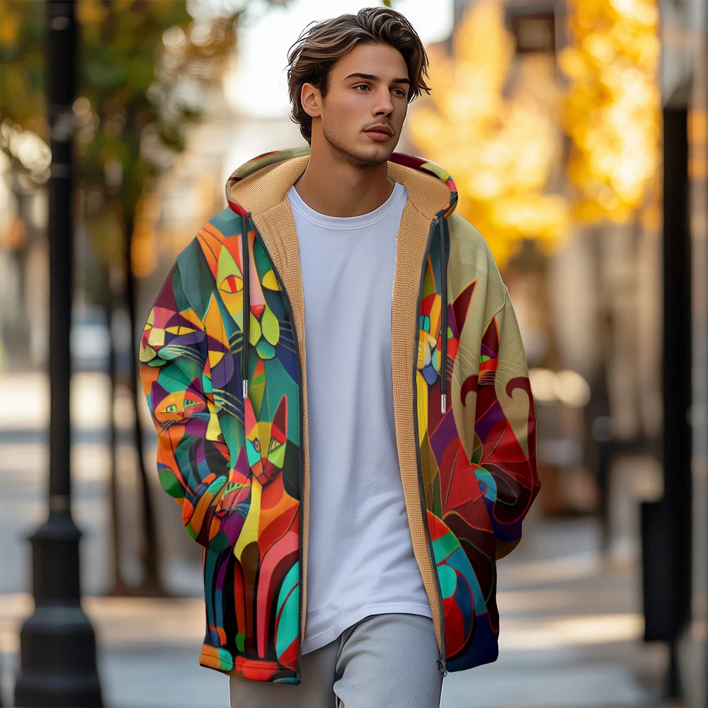 Man winter clothing, New in Down Coats, Color graphic patchwork cat cotton-padded jacket clothing, feather print pocket zipper
Man winter clothing, New in Down Coats, Color graphic patchwork cat cotton-padded jacket clothing, feather print pocket zipper