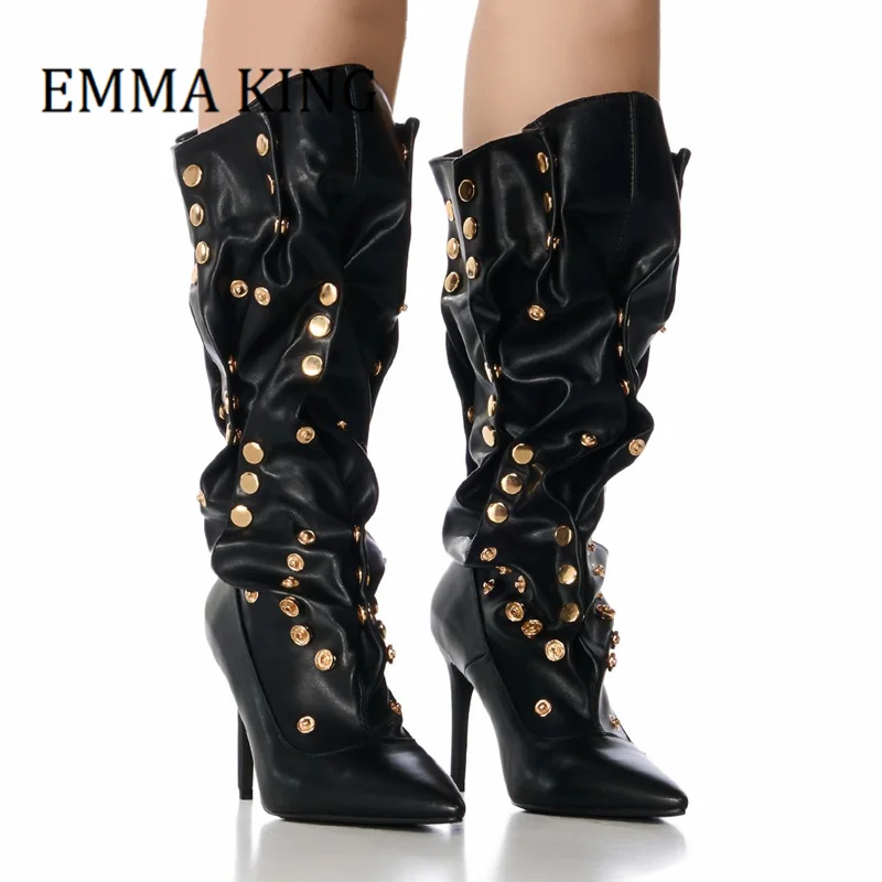2024 New Women Metal Buttons Knee High Boots Pointed Pleated Slim High Heels Boots Fashion Press Stud Pull-on Long Boots 35-44
2024 New Women Metal Buttons Knee High Boots Pointed Pleated Slim High Heels Boots Fashion Press Stud Pull-on Long Boots 35-44