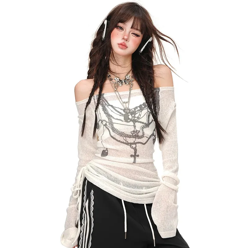 Y2K Women T Shirts Print Slash Neck Long Sleeve Tees Ropa Mujer Off Shoulder Drawstring Tunic Tshirt See Through Sexy T Shirt
Y2K Women T Shirts Print Slash Neck Long Sleeve Tees Ropa Mujer Off Shoulder Drawstring Tunic Tshirt See Through Sexy T Shirt