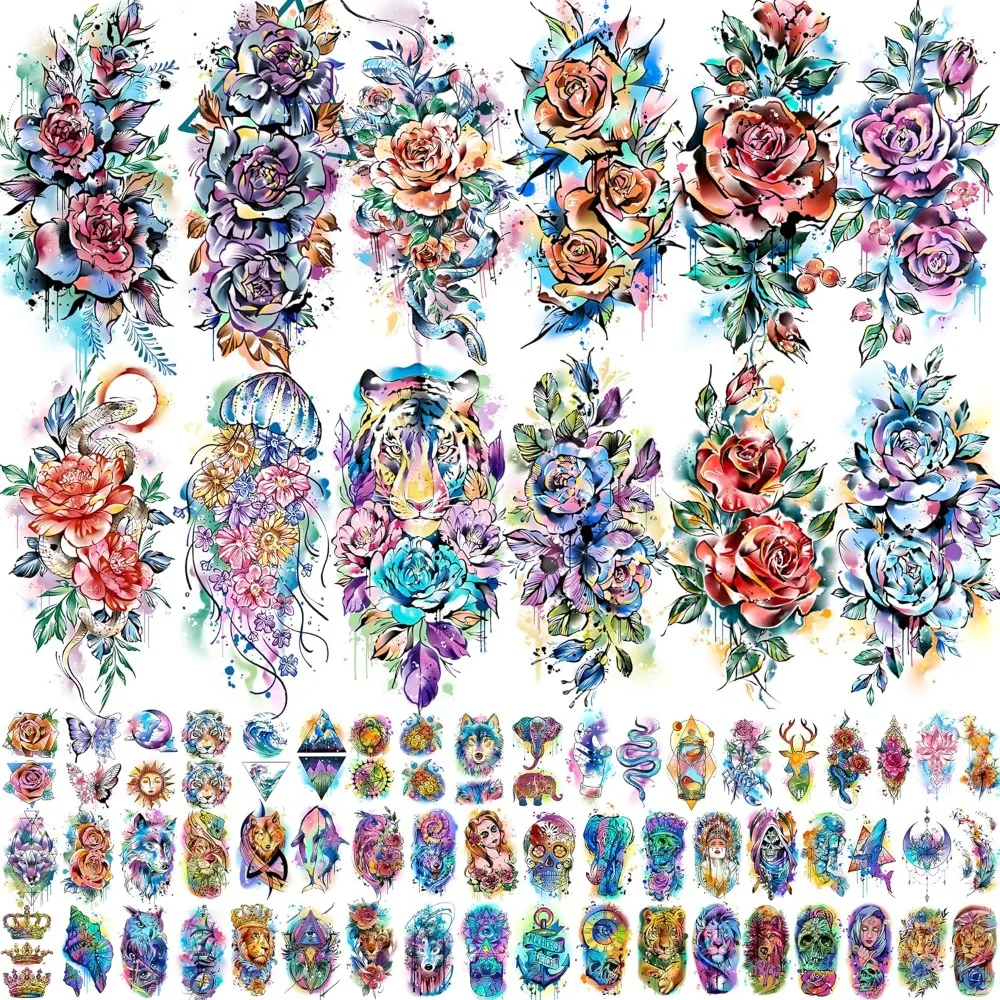Watercolor rose temporary tattoo, colored arm sleeve tattoo adult floral snake tiger
Watercolor rose temporary tattoo, colored arm sleeve tattoo adult floral snake tiger
