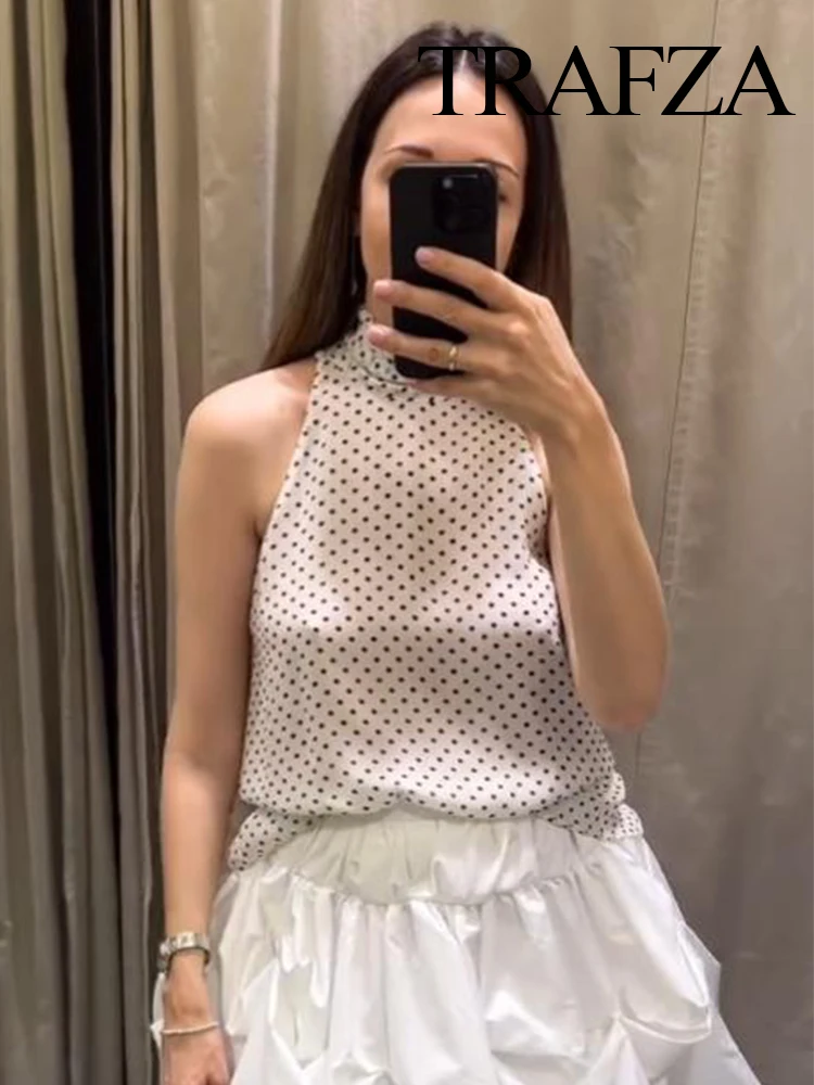 TRAFZA Women's Fashion Halter Neck Bow Decorative Polka Dot Print Sleeveless Top Female New Elegant Off-Shoulder Sexy Sling Vest
TRAFZA Women's Fashion Halter Neck Bow Decorative Polka Dot Print Sleeveless Top Female New Elegant Off-Shoulder Sexy Sling Vest