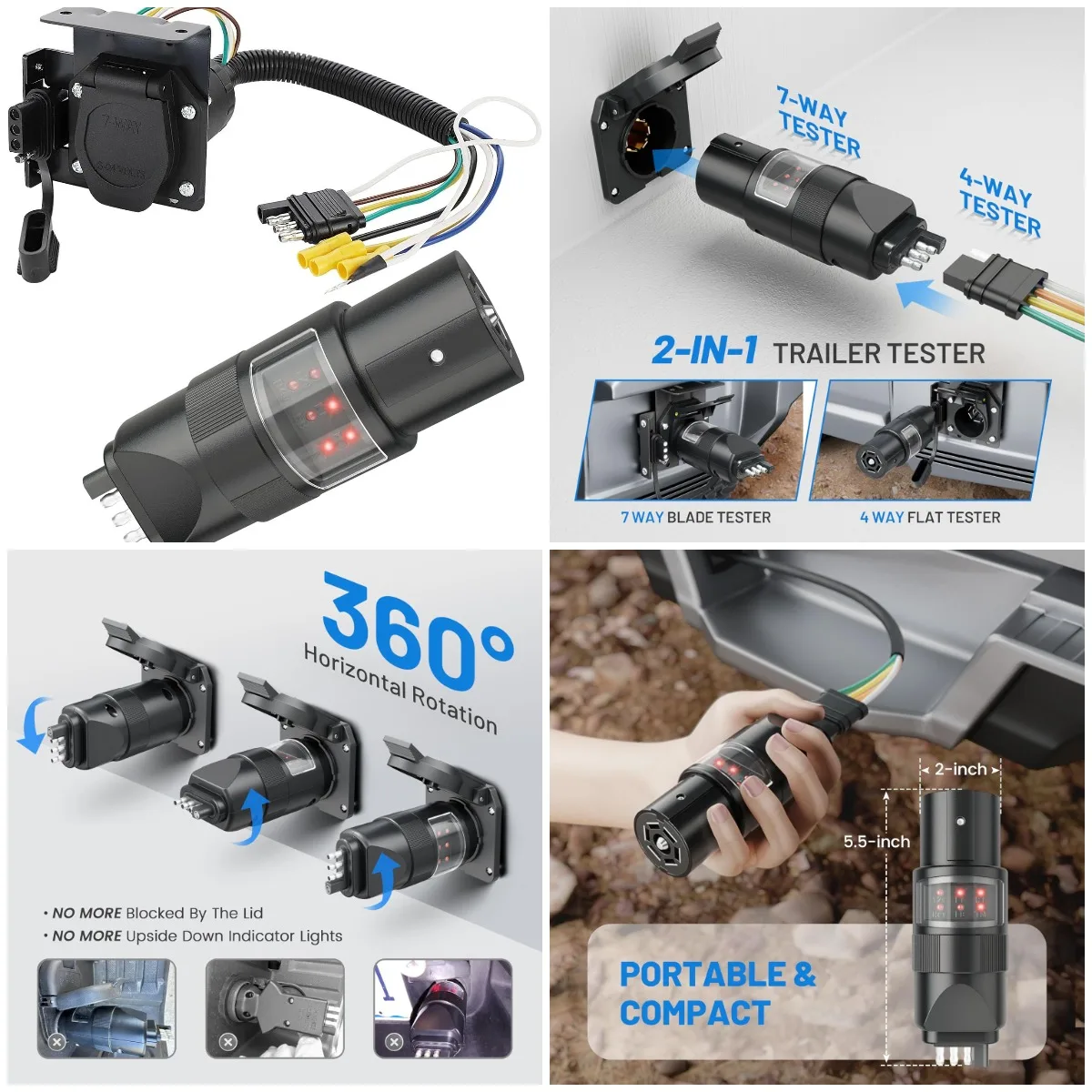 360° Twistable 7-Way Blade & 4-Pin Trailer Light Tester with 4-Way Flat to 7-Way RV Adapter Kit
360° Twistable 7-Way Blade & 4-Pin Trailer Light Tester with 4-Way Flat to 7-Way RV Adapter Kit