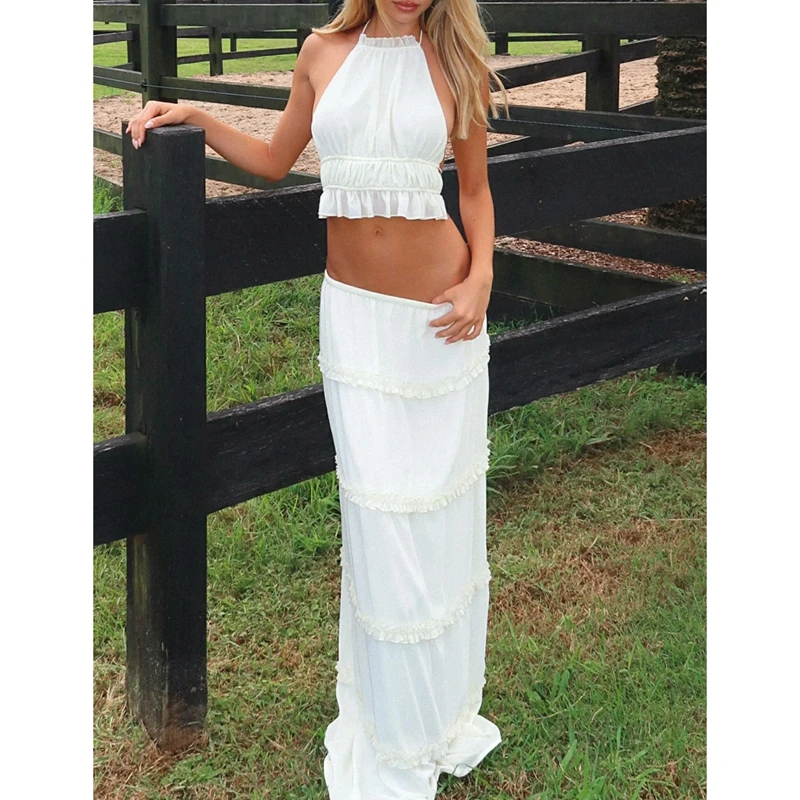 Combhasaki Women Summer 2Piece Solid Color/Snake Print Outfits Set Lace-up Halter Backless Top + Elastic Waist Ruffle Long Skirt
Combhasaki Women Summer 2Piece Solid Color/Snake Print Outfits Set Lace-up Halter Backless Top + Elastic Waist Ruffle Long Skirt