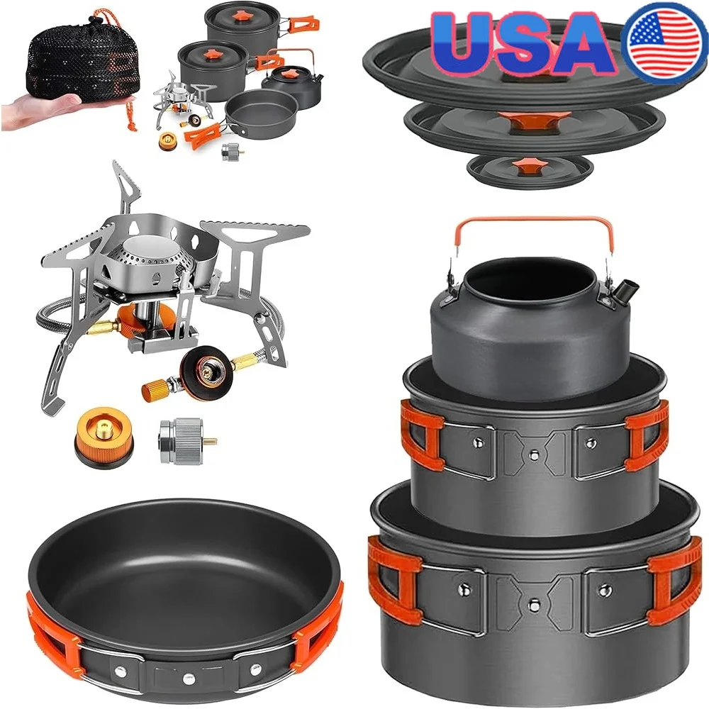 10 Pcs Camping Cookware Mess Kit Backpacking Portable Non Stick Cooking Set with High Power Foldable Stove and Adapter
10 Pcs Camping Cookware Mess Kit Backpacking Portable Non Stick Cooking Set with High Power Foldable Stove and Adapter