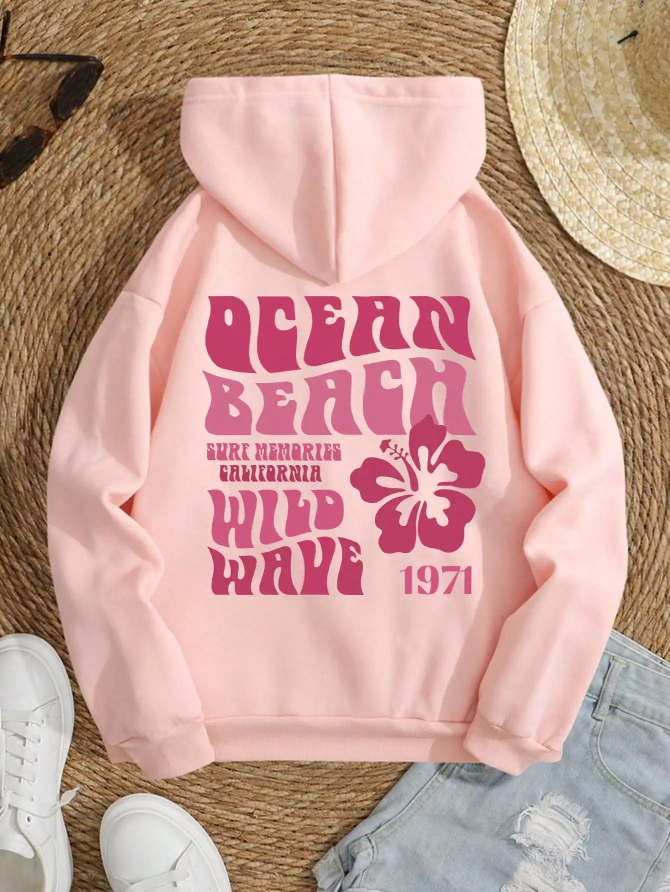 Pink Retro Floral Graphic Hoodie with 'Ocean Beach Wild Wave 1971' Print, Women's Casual Long Sleeve Pullover
Pink Retro Floral Graphic Hoodie with 'Ocean Beach Wild Wave 1971' Print, Women's Casual Long Sleeve Pullover