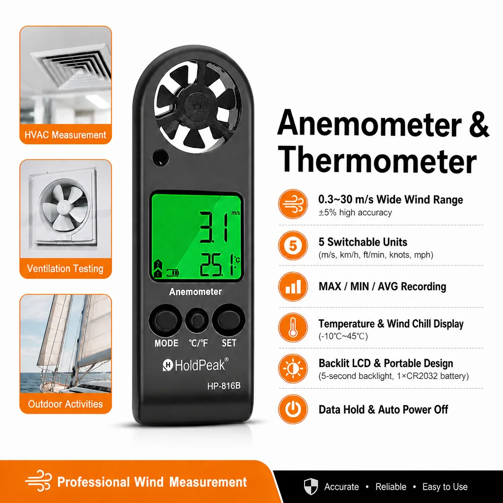 HoldPeak HP-816B Anemometer Handheld Wind Speed Meter 0.3-30m/s Air Flow Velocity Tester with Backlight for HVAC Sailing Drone
HoldPeak HP-816B Anemometer Handheld Wind Speed Meter 0.3-30m/s Air Flow Velocity Tester with Backlight for HVAC Sailing Drone