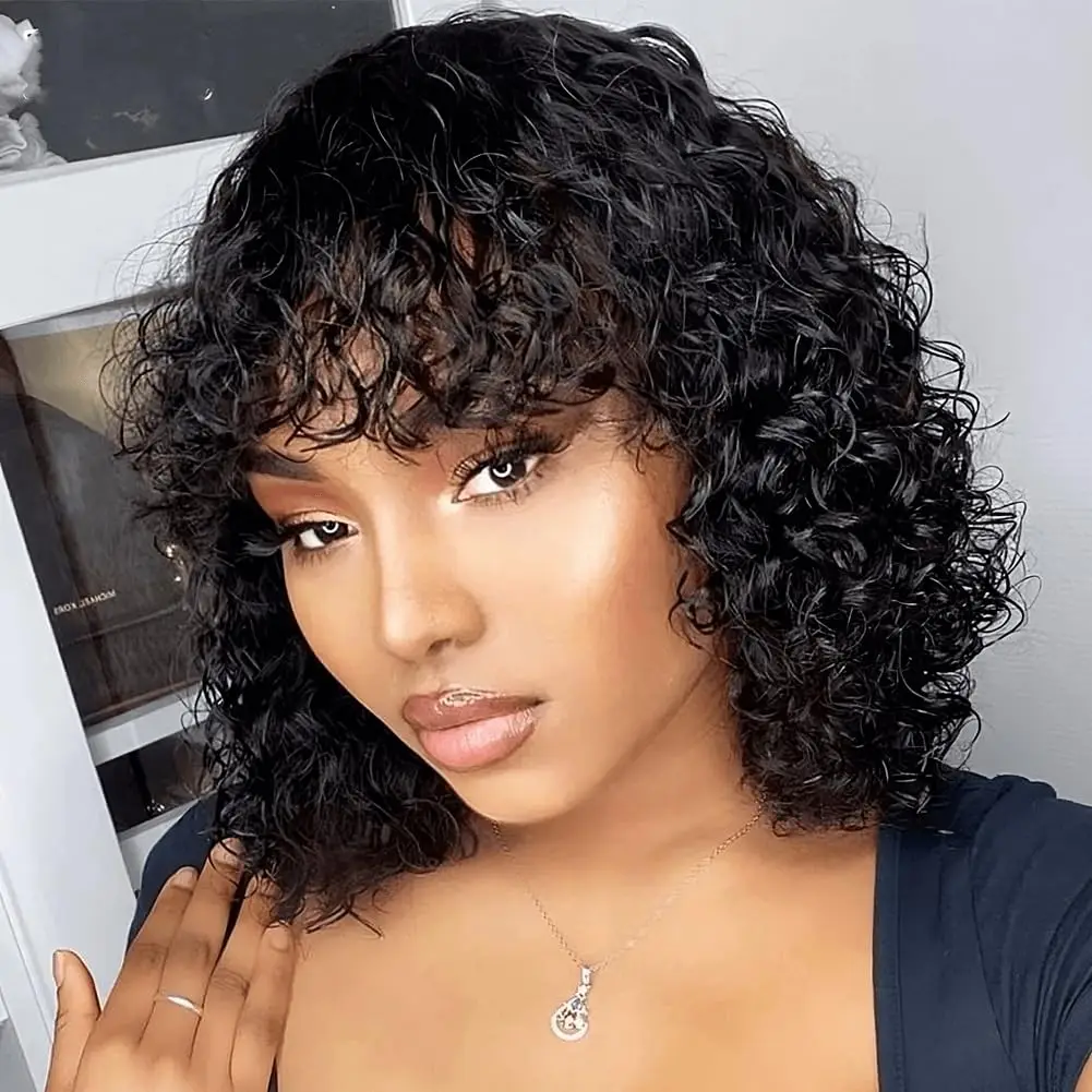 Kinky Curly Human Hair Wig with Bangs for Women Black 99J Burgundy Glueless Short Water Wave Curly Bob Wigs Human Hair with Bang
Kinky Curly Human Hair Wig with Bangs for Women Black 99J Burgundy Glueless Short Water Wave Curly Bob Wigs Human Hair with Bang