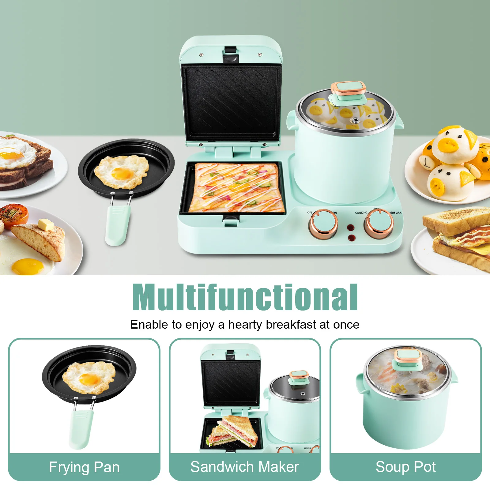 3 in 1 Breakfast Station 110V with Frying Pan & Boiling Pot 1050W Compact Sandwich Maker for Small Kitchen Apartment Dorm RV Use
3 in 1 Breakfast Station 110V with Frying Pan & Boiling Pot 1050W Compact Sandwich Maker for Small Kitchen Apartment Dorm RV Use