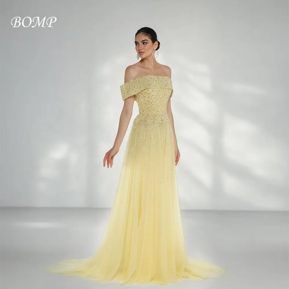 BOMP Elegant Beading Evening Gown Off Shoulder Draped Sweep Train Tulle Special Occasion Party Dress Customized Saudi Arabic
BOMP Elegant Beading Evening Gown Off Shoulder Draped Sweep Train Tulle Special Occasion Party Dress Customized Saudi Arabic