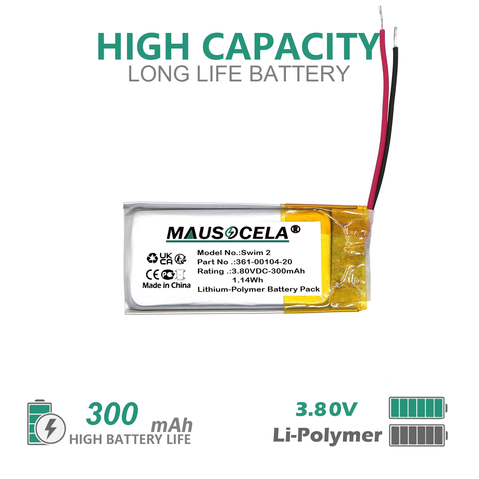 300mAh Smartwatch Battery For Garmin:361-00104-00,361-00104-20,Forerunner 45,Swim 2,Forerunner 45S,300mAh/1.14Wh-Li-Polymer-3.8V
300mAh Smartwatch Battery For Garmin:361-00104-00,361-00104-20,Forerunner 45,Swim 2,Forerunner 45S,300mAh/1.14Wh-Li-Polymer-3.8V