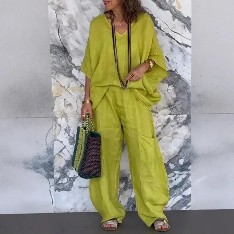 Spring Summer Fashion Solid Color Cotton Linen Set For Women V-neck Bat Sleeve Top Wide Leg Pants Casual Loose 2 Piece Set 2025
Spring Summer Fashion Solid Color Cotton Linen Set For Women V-neck Bat Sleeve Top Wide Leg Pants Casual Loose 2 Piece Set 2025