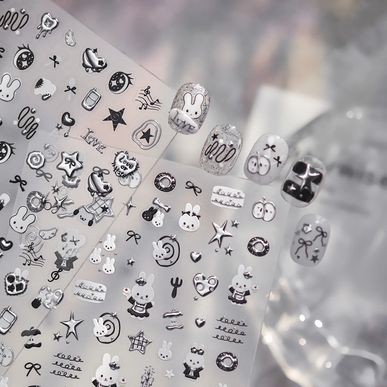 Dark Style Lovely Rabbit 5D Nail Decals Black Skirt Bow Plaid Star Donut Tableware Heart Spiral Pattern Nail Sticker Sweet Cool
Dark Style Lovely Rabbit 5D Nail Decals Black Skirt Bow Plaid Star Donut Tableware Heart Spiral Pattern Nail Sticker Sweet Cool