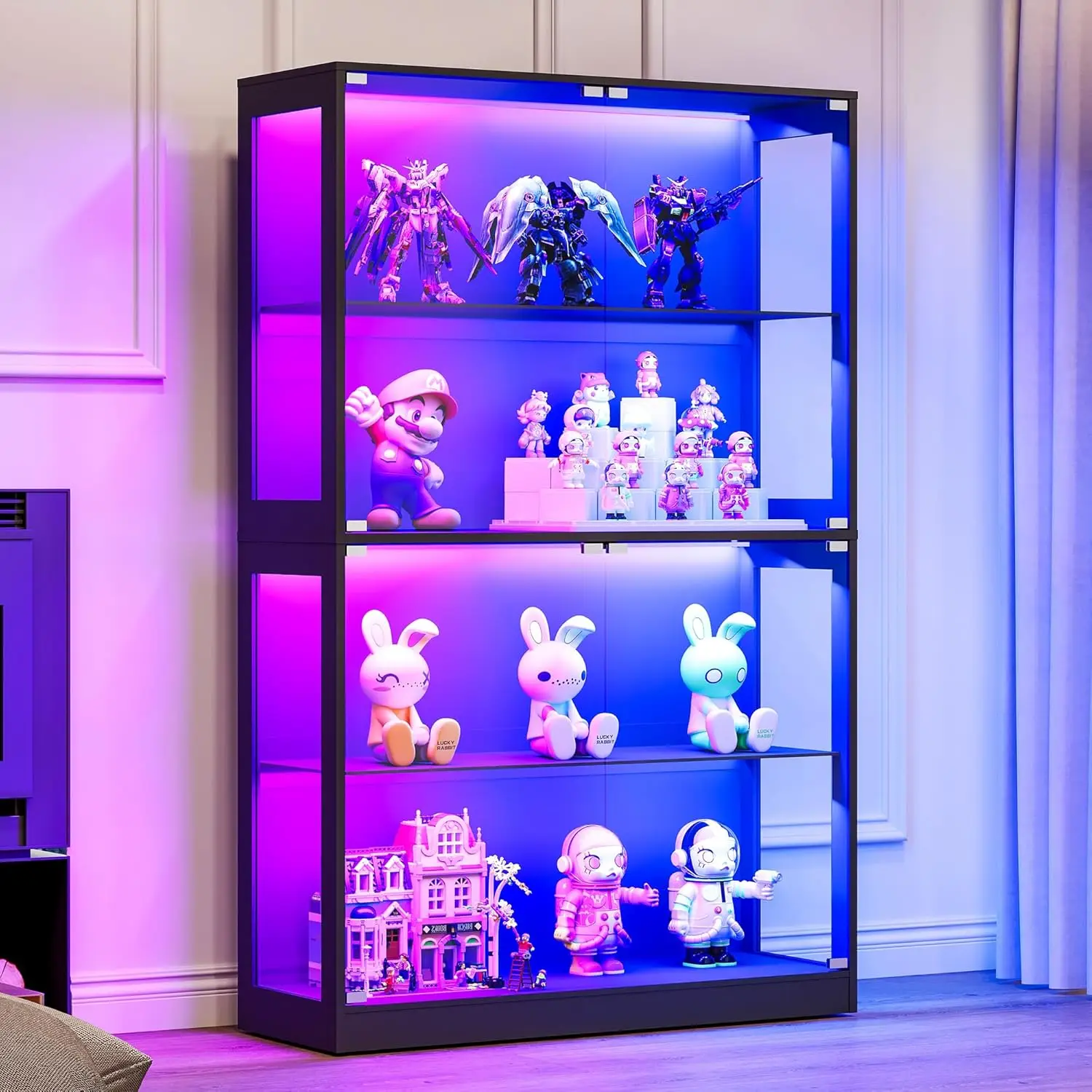 45x16 Inch Display Cabinet with Glass Doors and RGB Lights, 4-Tier Storage Display Case, MDF and Tempered Glass, Black
45x16 Inch Display Cabinet with Glass Doors and RGB Lights, 4-Tier Storage Display Case, MDF and Tempered Glass, Black