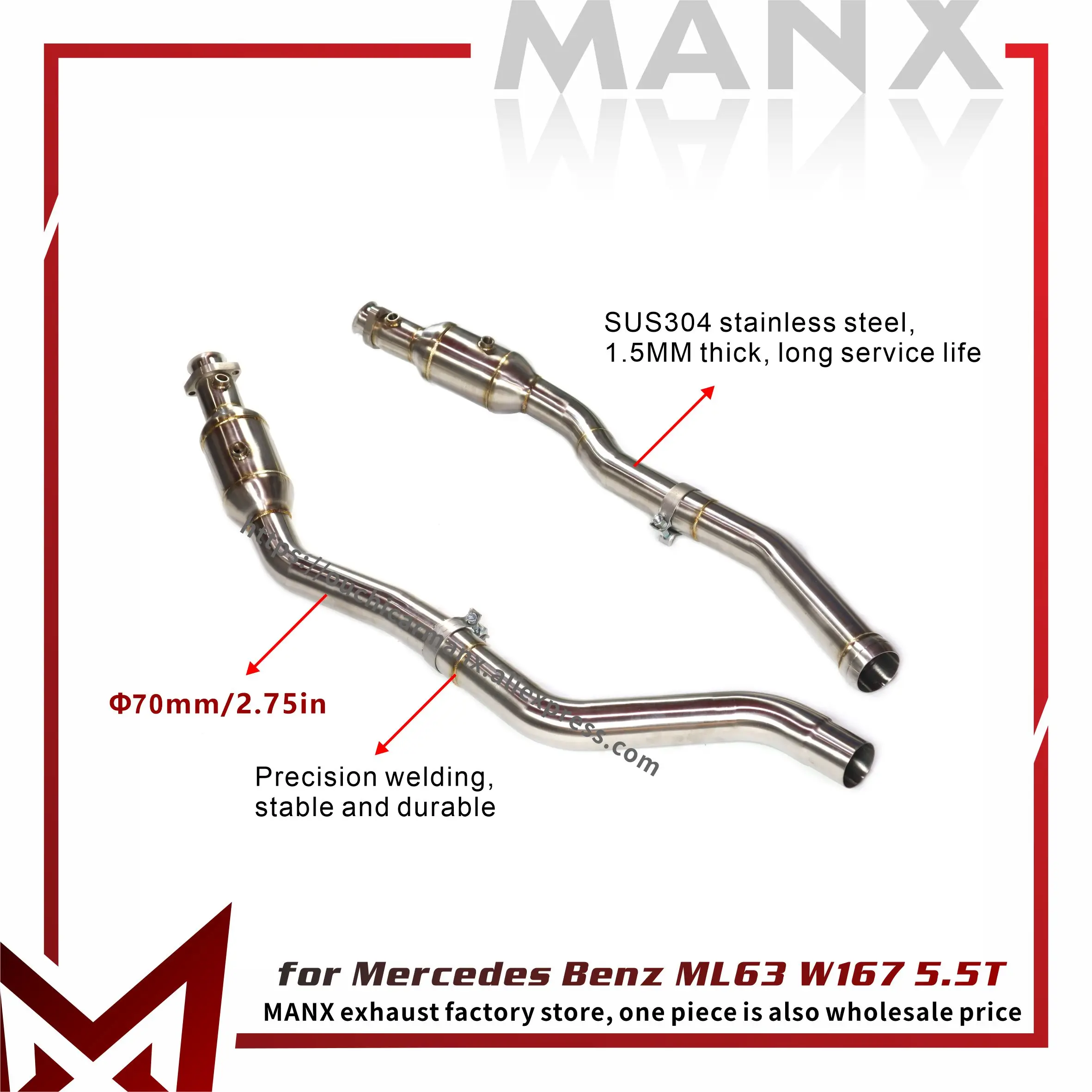 MANX SS304 Downpipe Exhaust for Mercedes Benz ML63 W167 5.5T - Exact Fit, No Heat Shields, Enlarged Pipe Diameter 
MANX SS304 Downpipe Exhaust for Mercedes Benz ML63 W167 5.5T - Exact Fit, No Heat Shields, Enlarged Pipe Diameter