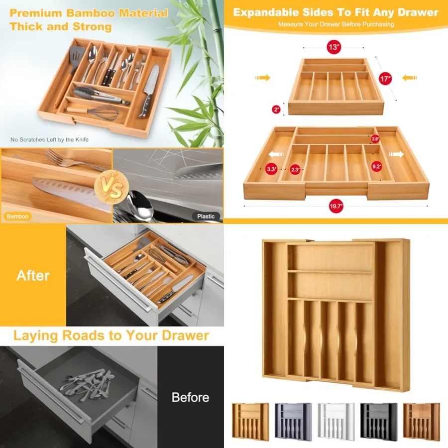 Large Premium Bamboo Silverware Organizer - Drawer Organizer and Utensil Organizer - 1"x1." Cutlery Tray with Dividers for Kitc
Large Premium Bamboo Silverware Organizer - Drawer Organizer and Utensil Organizer - 1"x1." Cutlery Tray with Dividers for Kitc
