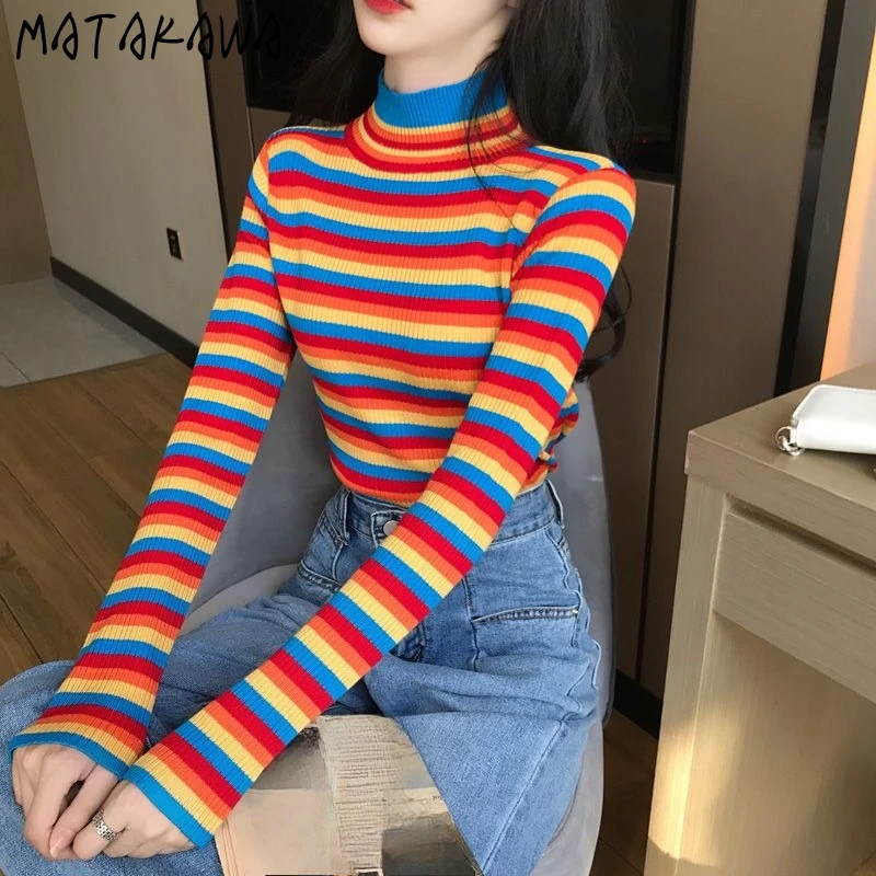 Matakawa Women Sweaters Y2k Clothes Colorful Stripes Half High Collar Short Pullovers Contrast Color Korean Fashion Pull Femme
Matakawa Women Sweaters Y2k Clothes Colorful Stripes Half High Collar Short Pullovers Contrast Color Korean Fashion Pull Femme