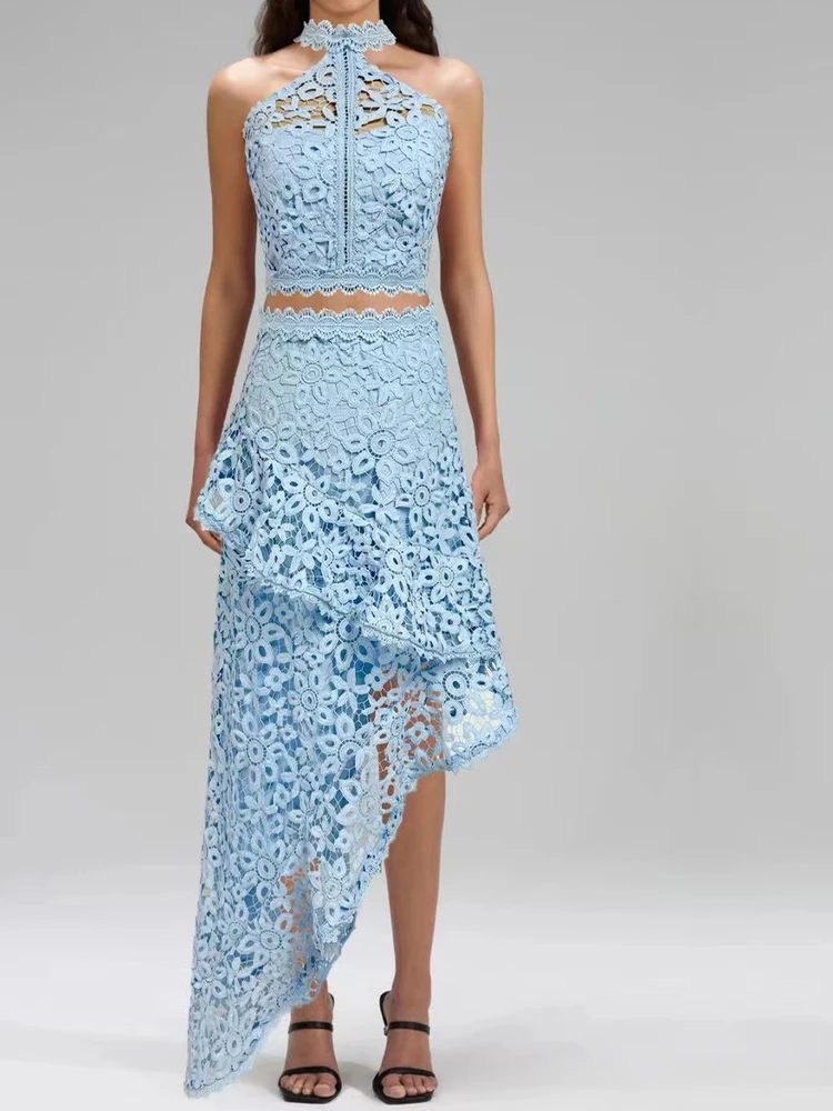 Fashion summer new irregular suit 2-piece summer lace embroidered hanging neck strapless tube top high waist dovetail skirt
Fashion summer new irregular suit 2-piece summer lace embroidered hanging neck strapless tube top high waist dovetail skirt