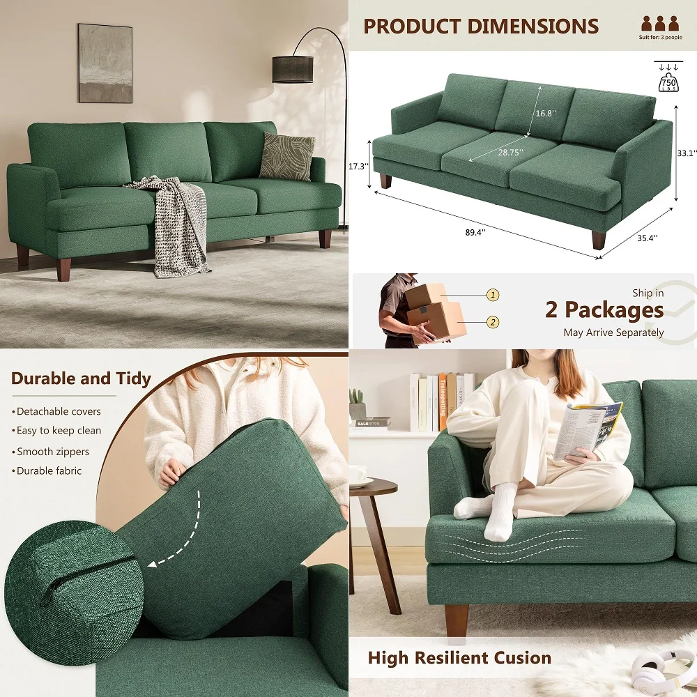 Green 3 Seater Mid Century Modern Sofa, 89 Upholstered Couch with Deep Seats, Armrests, Comfy Furniture for Living Room
Green 3 Seater Mid Century Modern Sofa, 89 Upholstered Couch with Deep Seats, Armrests, Comfy Furniture for Living Room