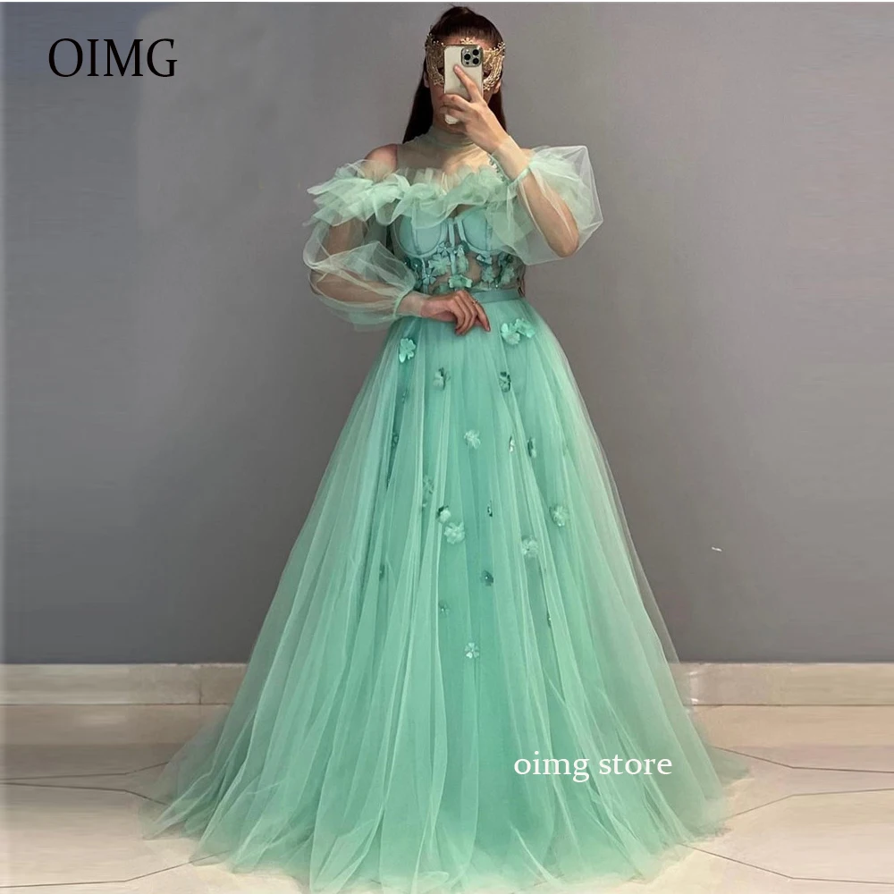 OIMG New Princess Fairy Mint Green Tulle Puff Long Sleeves Evening Dresses High Neck 3D Flowers Arabic Women Formal Prom Gowns
OIMG New Princess Fairy Mint Green Tulle Puff Long Sleeves Evening Dresses High Neck 3D Flowers Arabic Women Formal Prom Gowns