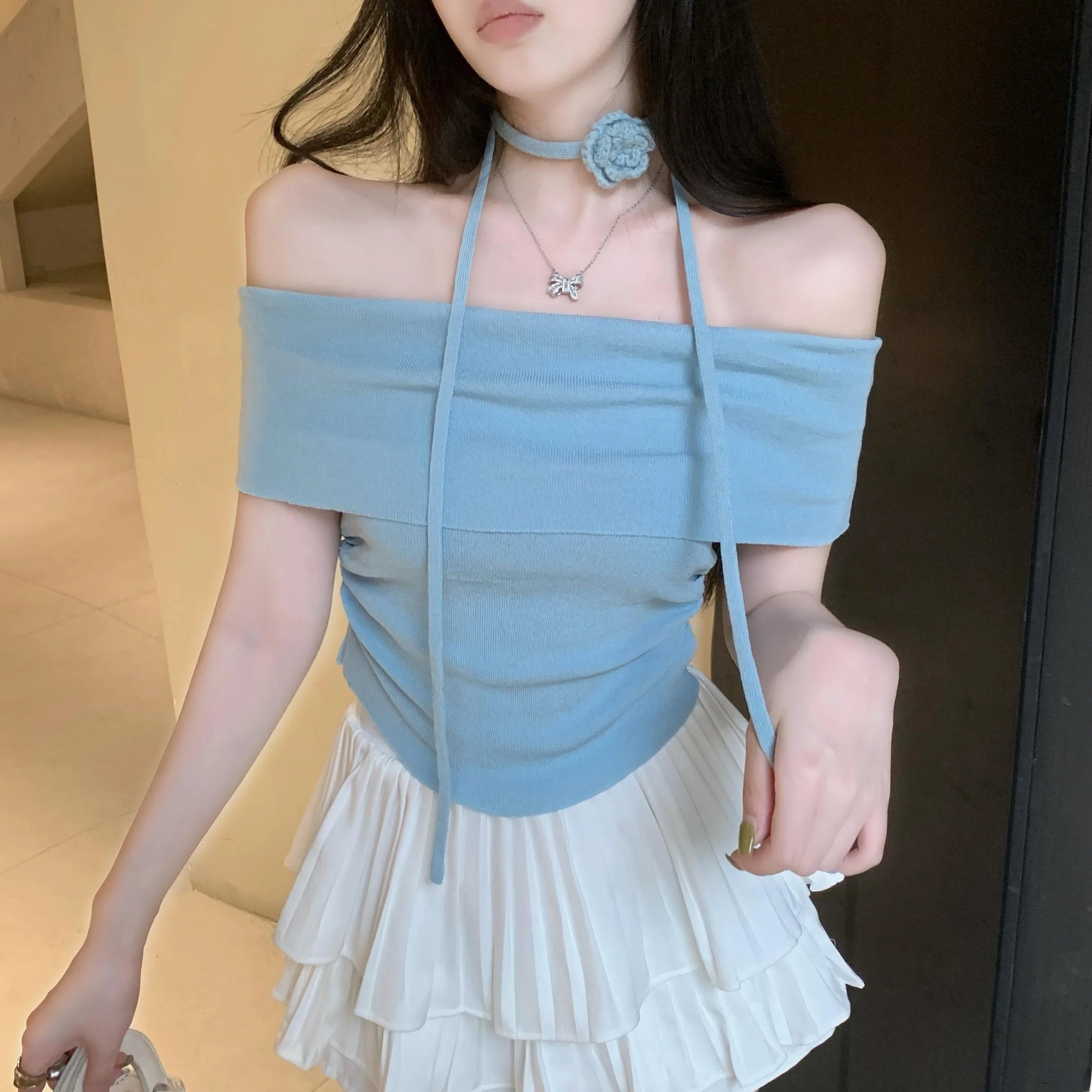 Shoulder Bared Short Sleeve T Shirt Women's Sweet Spicy Girl Neck Hanging Small Top Elegant Beautiful Korean Style Slim Fit
Shoulder Bared Short Sleeve T Shirt Women's Sweet Spicy Girl Neck Hanging Small Top Elegant Beautiful Korean Style Slim Fit