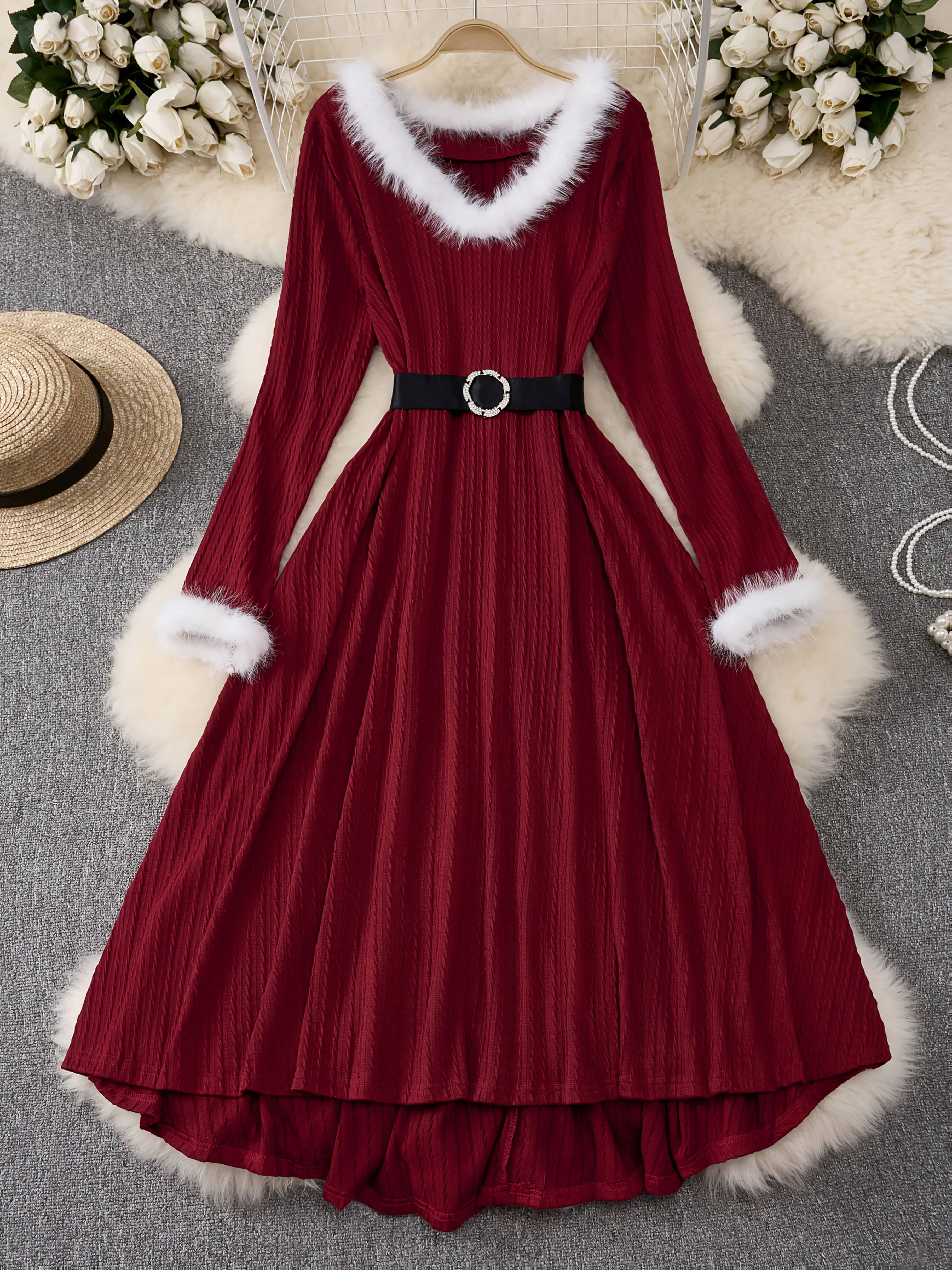 Plate-size women's dress for festival party swing dress, jacquard fringed long-sleeved V-neck with belt
Plate-size women's dress for festival party swing dress, jacquard fringed long-sleeved V-neck with belt