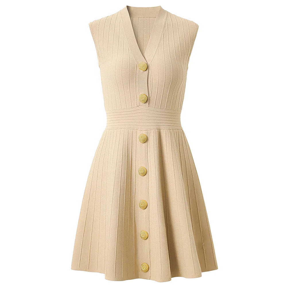 Women Slim Fit Sleeveless Beige Dress V Neck Single Breasted Decorated Office Ladies Elegant Mini Dress
Women Slim Fit Sleeveless Beige Dress V Neck Single Breasted Decorated Office Ladies Elegant Mini Dress