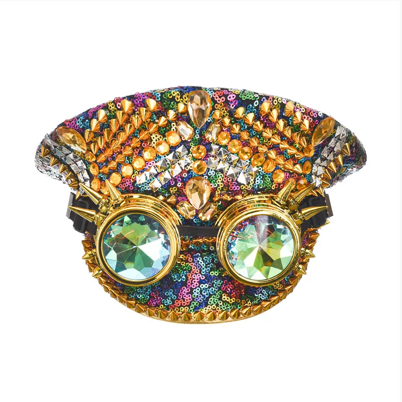 Women's Burning Man Sequin Rhinestone Pearl Hat Music Festival Military Captain Cap Steampunk Caps with Goggles for Man
Women's Burning Man Sequin Rhinestone Pearl Hat Music Festival Military Captain Cap Steampunk Caps with Goggles for Man