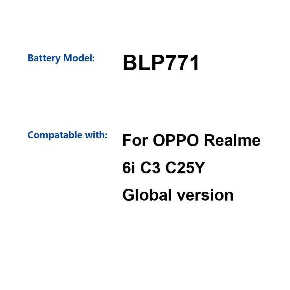 Для Oppo Realme 6I C3 C25Y глобальная версия BLP771 Премиум-замена 5000 мАч аккумулятор мобильного телефона 
Для Oppo Realme 6I C3 C25Y глобальная версия BLP771 Премиум-замена 5000 мАч аккумулятор мобильного телефона