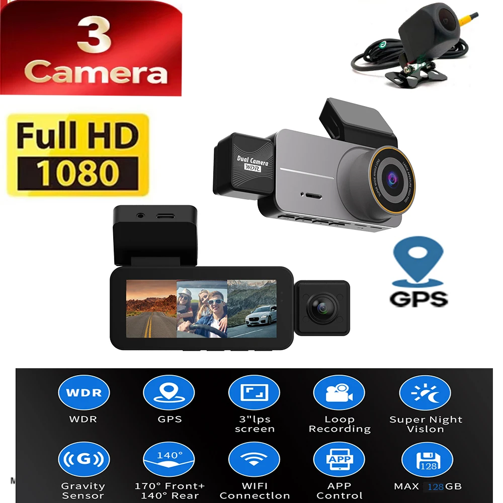 3 Channel Car Dash Cam 360° RotationDriving Camera 1080P Night Vision Loop Recording 24H Parking Monitor support GPS WiFi
3 Channel Car Dash Cam 360° RotationDriving Camera 1080P Night Vision Loop Recording 24H Parking Monitor support GPS WiFi