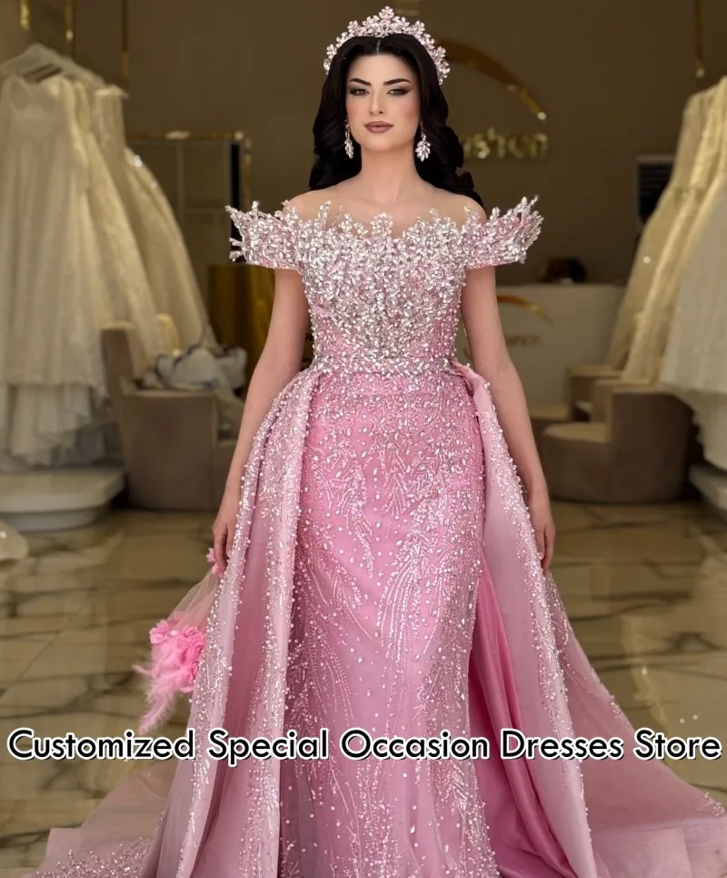 Exquisite Pink Evening Gown Luxury Diamonds Pearl Off Shoulder Mermaid Wedding Party Dresses For Girl Prom Dress Long Customized
Exquisite Pink Evening Gown Luxury Diamonds Pearl Off Shoulder Mermaid Wedding Party Dresses For Girl Prom Dress Long Customized