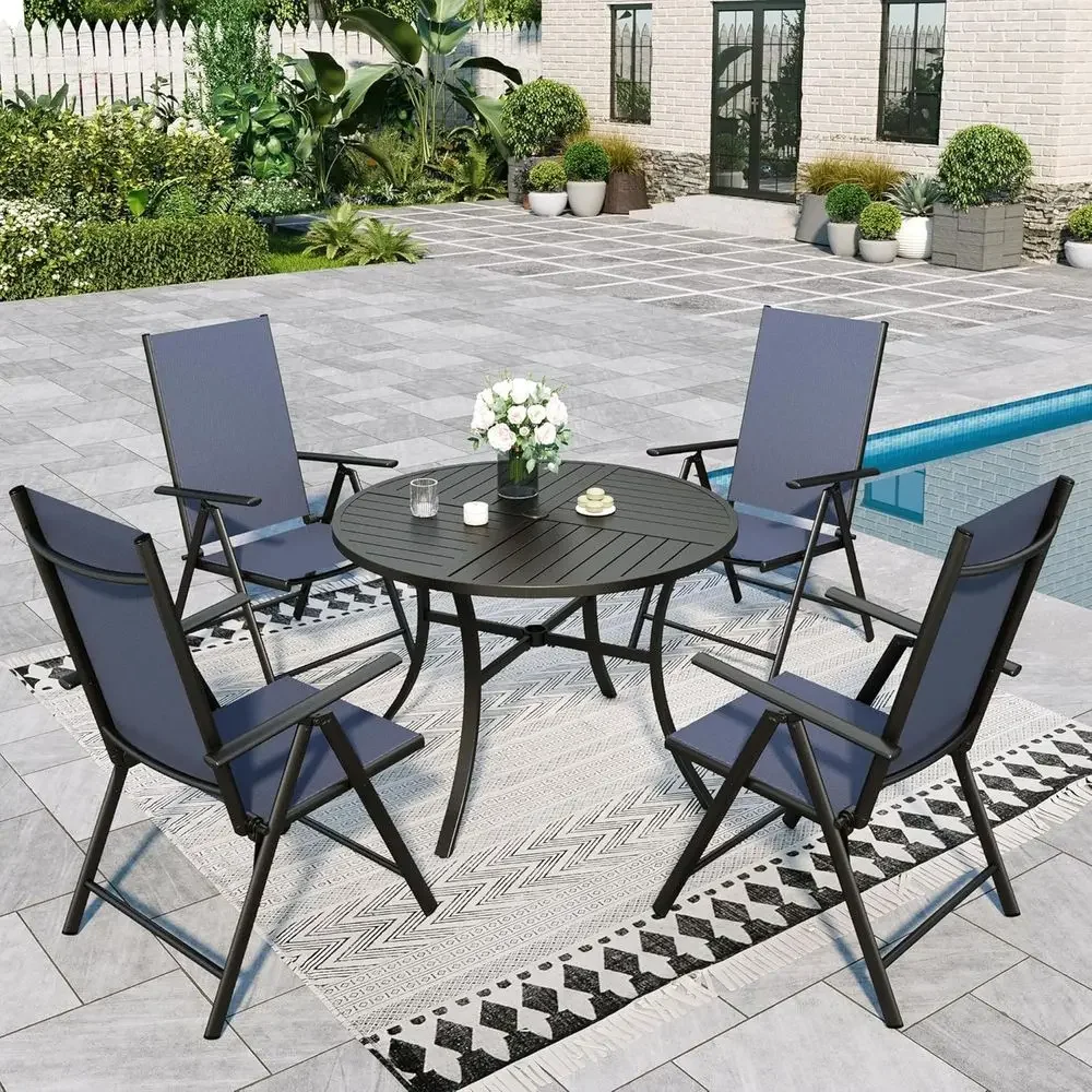 Blue 5-Piece Patio Dining Set with Round Metal Table and Adjustable Textilene Sling Chairs
Blue 5-Piece Patio Dining Set with Round Metal Table and Adjustable Textilene Sling Chairs