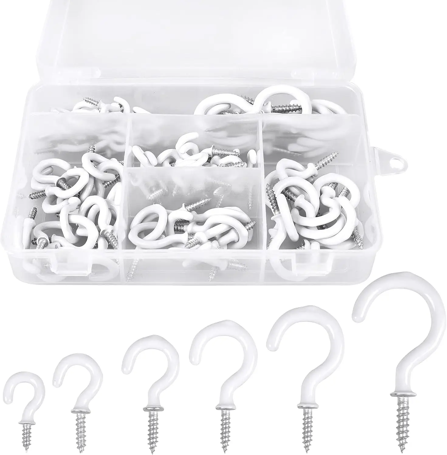 90 Pcs White Ceiling Hooks Kit, 6 Sizes Vinyl Coated Screw-in Hooks for Hanging Plants, Cups, Lights
90 Pcs White Ceiling Hooks Kit, 6 Sizes Vinyl Coated Screw-in Hooks for Hanging Plants, Cups, Lights