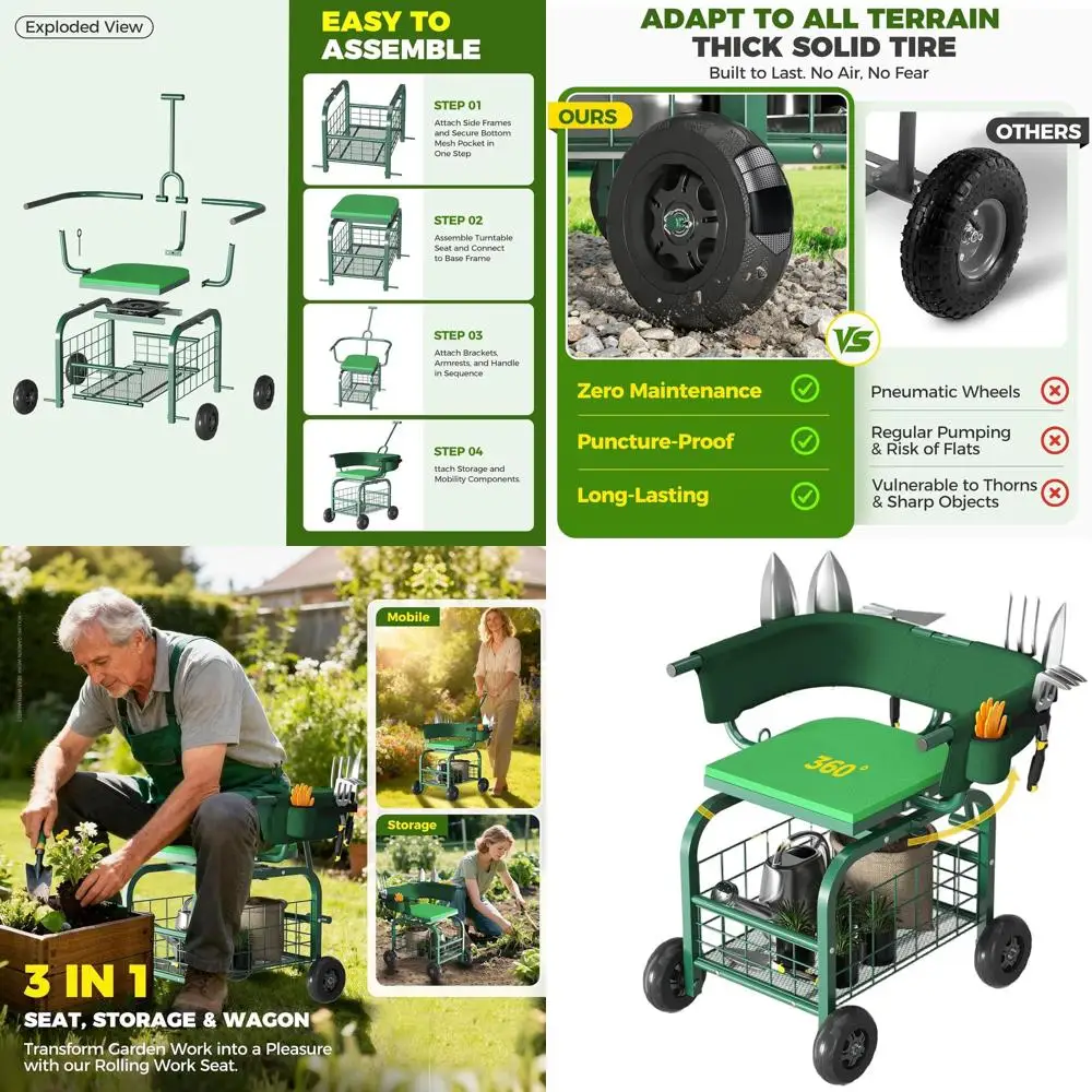 360° Swiveling Garden Seat on Wheels with Storage Basket, Backrest, and Adjustable Handle for Seniors
360° Swiveling Garden Seat on Wheels with Storage Basket, Backrest, and Adjustable Handle for Seniors